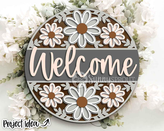 Welcome Flower Pattern Sign, Digital Download, SVG Laser Cut File, Cricut, Summer Floral Round Door Hanger Design