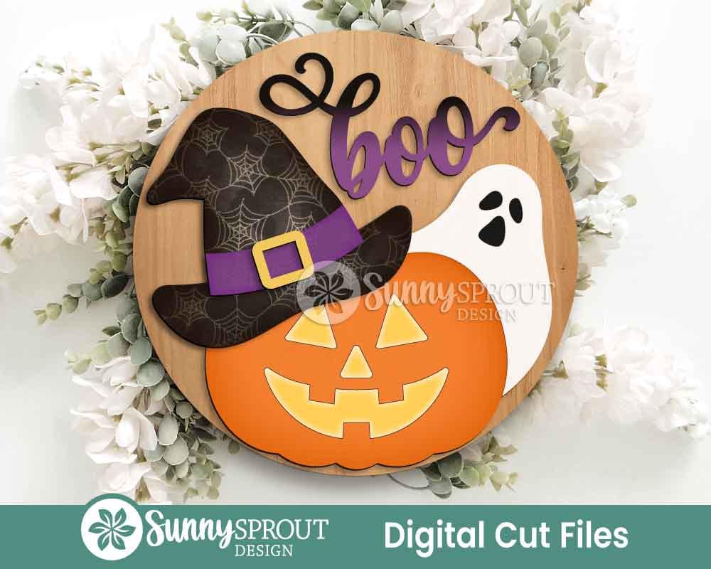 Boo Jack-o-lantern Ghost Witch Hat Sign, Digital Download, SVG Laser Cut File, Cricut, Round Halloween Door Hanger Design