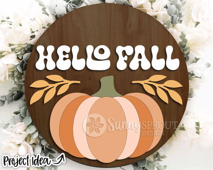 Hello Fall Retro Pumpkin Sign, Digital Download, SVG Laser Cut File, Cricut, Round Autumn Door Hanger Design
