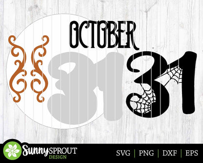 October 31 Spider Web Sign, Digital Download, SVG Laser Cut File, Cricut, Round Halloween Door Hanger Design