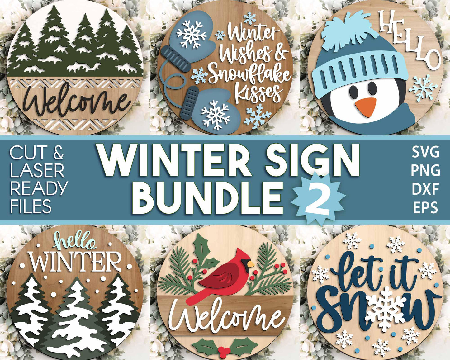Winter Laser Sign Bundle 2, Round door hanger SVG, Glowforge laser file, Cricut cut file, Holiday welcome sign svg