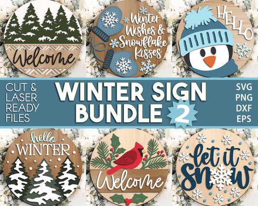 Winter Laser Sign Bundle 2, Round door hanger SVG, Glowforge laser file, Cricut cut file, Holiday welcome sign svg