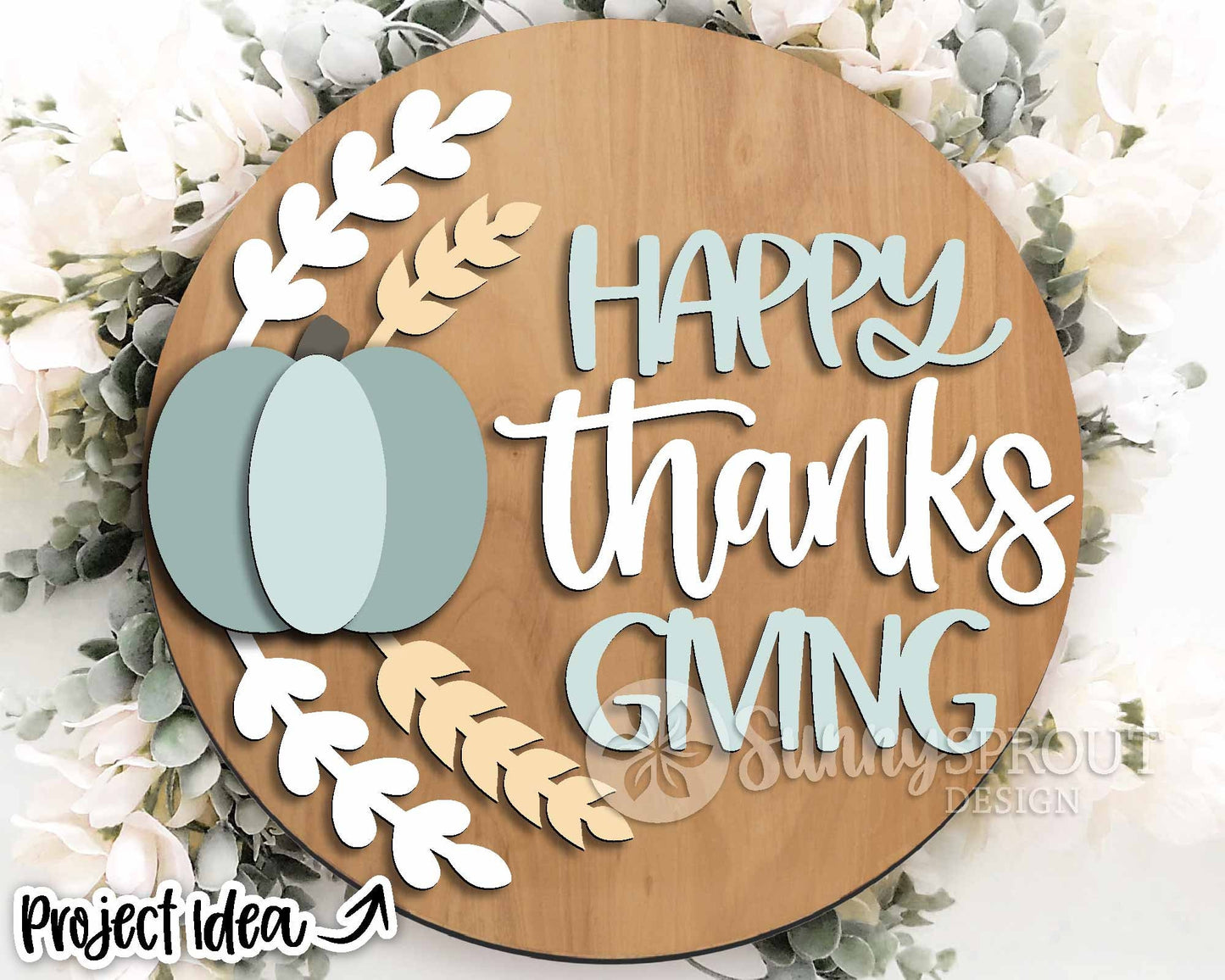 Happy Thanksgiving Floral Pumpkin Sign, Digital Download, SVG Laser Cut File, Cricut, Round Fall Door Hanger Design