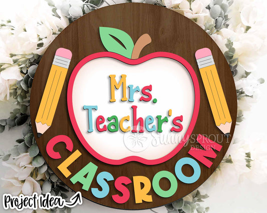Classroom Apple Teacher Name Sign, Digital download, SVG Laser cut file, Cricut, Round door hanger design, Personalize school decor
