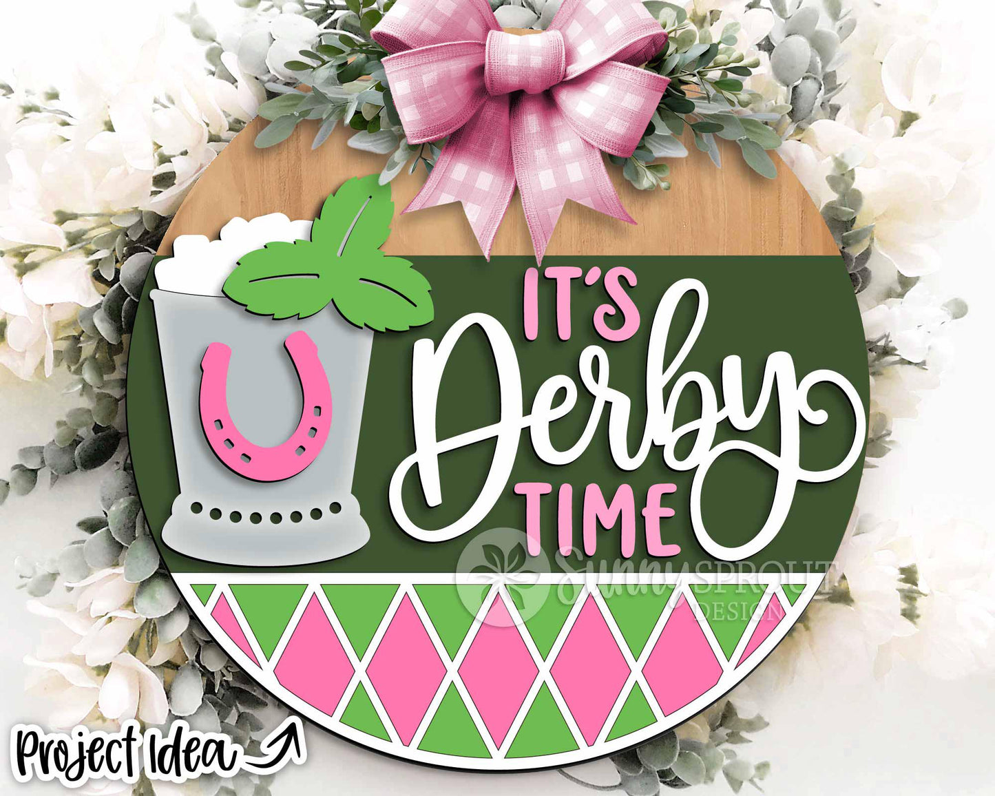 It's Derby Time Mint Julep Sign, Digital download, SVG Laser cut file, Cricut, Round door hanger design, Kentucky Derby decor