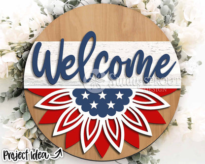 4th of July Sunflower Welcome Sign, Digital Download, SVG Laser Cut File, Cricut, Round Door Hanger Design, Patriotic 4th of July Decor