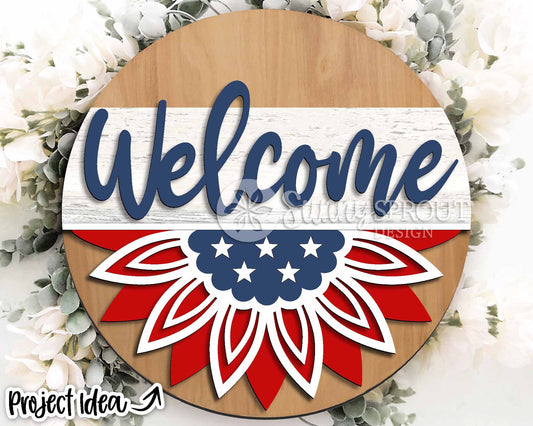 4th of July Sunflower Welcome Sign, Digital Download, SVG Laser Cut File, Cricut, Round Door Hanger Design, Patriotic 4th of July Decor