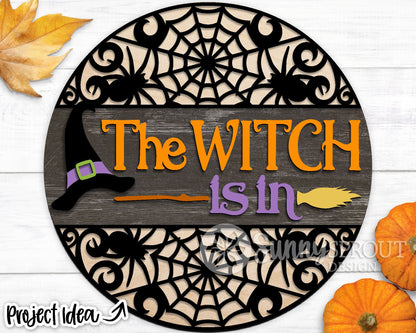The Witch Is In Spiderweb Sign, Digital Download, SVG Laser Cut File, Cricut, Round Halloween Door Hanger Design