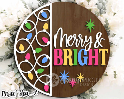Merry & Bright String Light Sign, Digital Download, SVG Laser Cut File, Cricut, Round Door Hanger Design, Christmas Decor