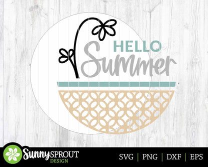 Hello Summer Flower Pattern Sign, Digital Download, SVG Laser Cut File, Cricut, Round Door Hanger Design