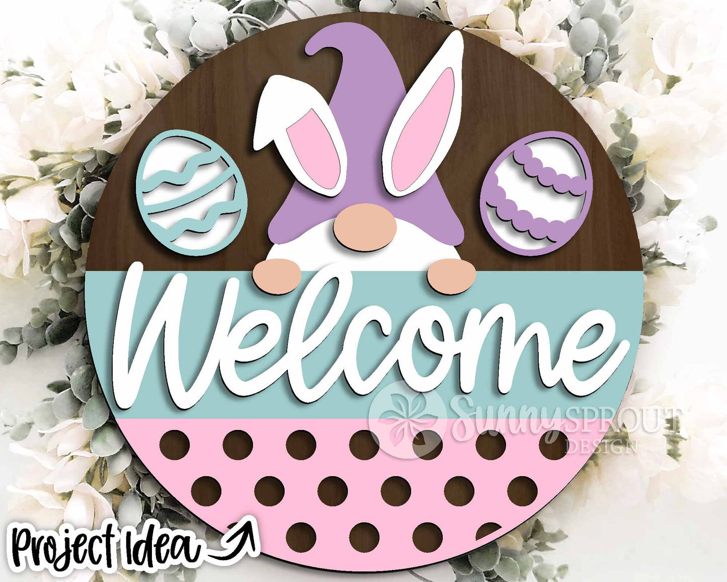 Bunny Gnome Welcome Sign, Digital download, SVG Laser cut file, Cricut, Round door hanger design, Easter decor