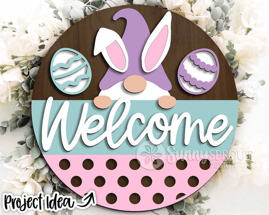 Bunny Gnome Welcome Sign, Digital download, SVG Laser cut file, Cricut, Round door hanger design, Easter decor