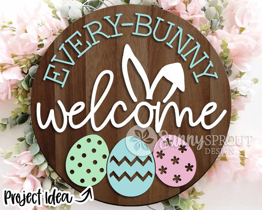 Every-Bunny Welcome Easter Egg Sign, Digital download, SVG laser cut file, Cricut, Round door hanger design