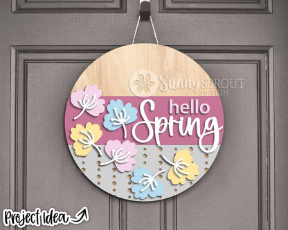 Hello Spring Falling Flowers Sign, Digital download, SVG Laser cut file, Cricut, Round door hanger design