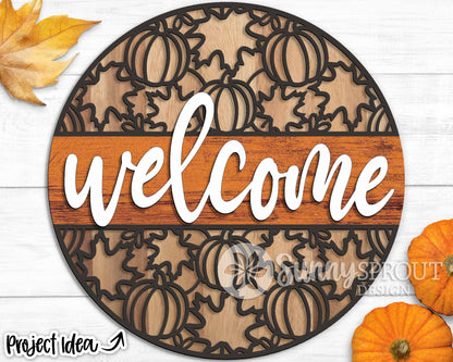 Welcome Pumpkin Leaf Pattern Sign, Digital Download, SVG Laser Cut File, Cricut, Round Fall Door Hanger Design