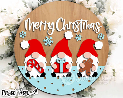 Merry Christmas Gnomes Sign, Digital Download, SVG Laser Cut File, Cricut, Round Door Hanger Design, Holiday Decor