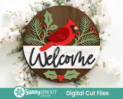 Welcome Cardinal Pine & Holly Sign, Digital Download, SVG Laser Cut File, Cricut, Round Door Hanger Design, Winter Christmas Decor