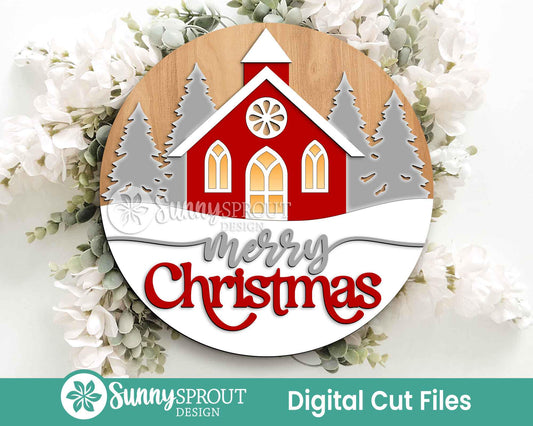 Merry Christmas Church & Pine Trees Sign, Digital Download, SVG Laser Cut File, Cricut, Round Door Hanger Design, Winter Decor