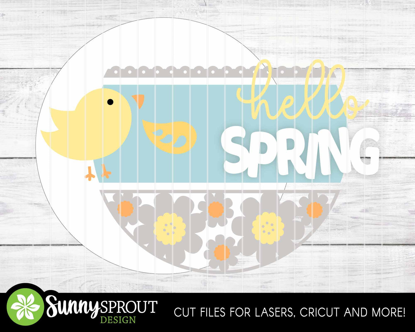 Hello Spring Chick and Daisies Sign, Digital download, SVG Laser cut file, Cricut, Round door hanger design
