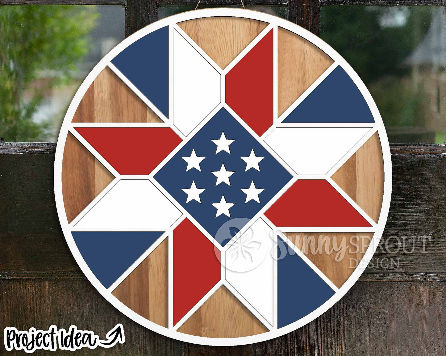 Patriotic Barn Quilt Sign, Digital Download, SVG Laser Cut File, Round Door Hanger Design, Patriotic 4th of July Decor