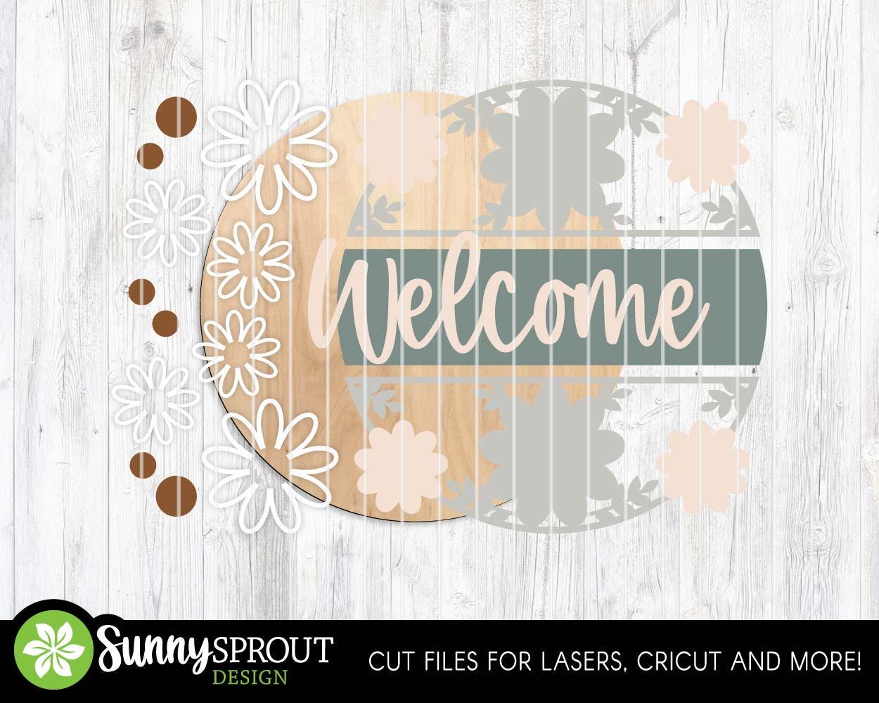Welcome Flower Pattern Sign, Digital Download, SVG Laser Cut File, Cricut, Summer Floral Round Door Hanger Design