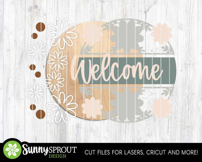 Welcome Flower Pattern Sign, Digital Download, SVG Laser Cut File, Cricut, Summer Floral Round Door Hanger Design