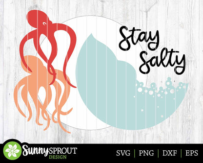 Stay Salty Octopus Sign, Digital download, SVG Laser cut file, Cricut, Round door hanger wall art design, Ocean coastal beach decor