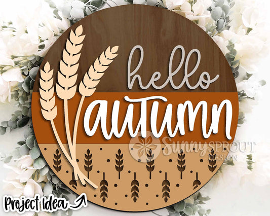 Hello Autumn Wheat Grass Sign, Digital Download, SVG Laser Cut File, Cricut, Round Fall Door Hanger Design