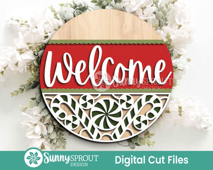 Welcome Candy Cane Pattern Sign, Digital Download, SVG Laser Cut File, Cricut, Round Door Hanger Design, Christmas Decor