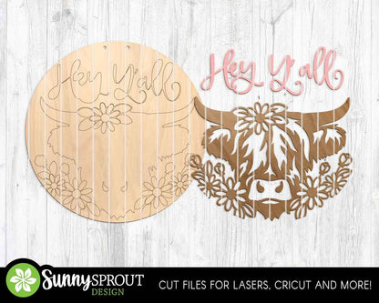 Highland Cow Flower Hey Y'all Sign, Digital download, SVG Laser cut file, Cricut, Round door hanger design, Farm animal decor