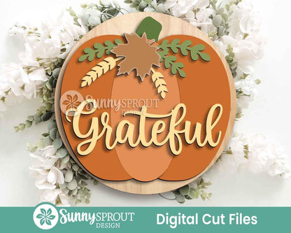Grateful Floral Pumpkin Sign, Digital Download, SVG Laser Cut File, Cricut, Round Thanksgiving Fall Door Hanger Design