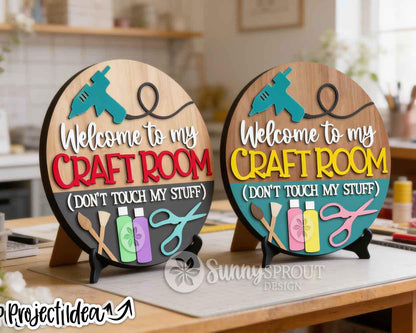 Craft Room Supplies Welcome Sign, Digital Download, SVG Laser Cut File, Cricut, Round Door Hanger Design