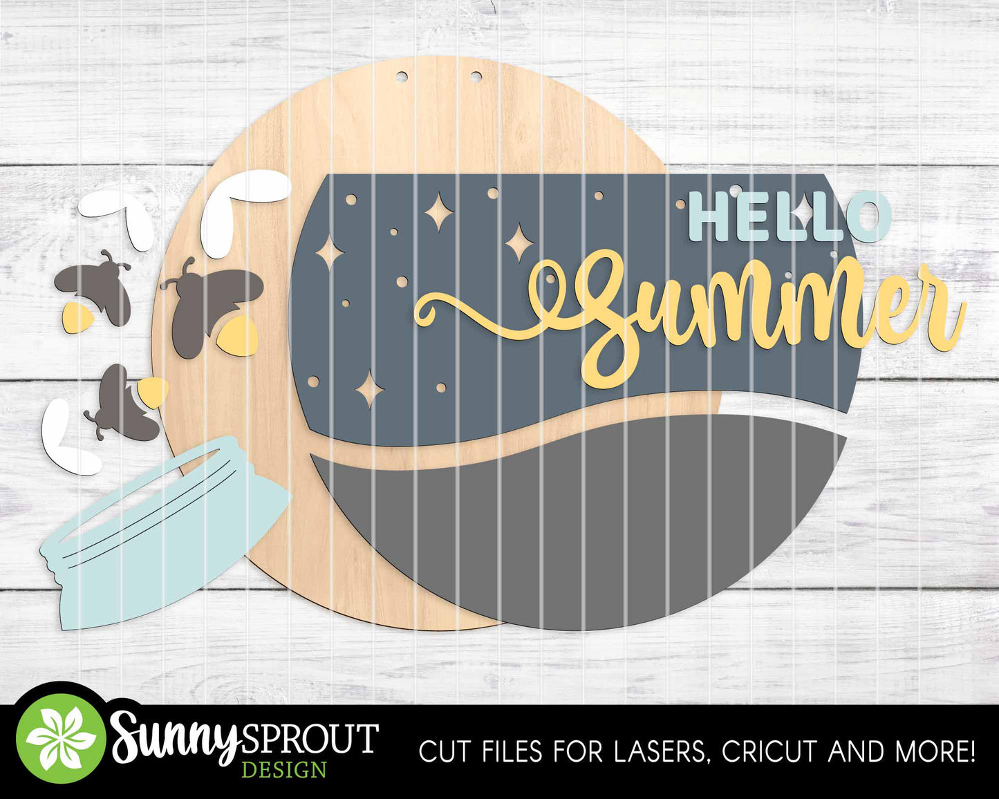 Hello Summer Fireflies and Jar Sign, Digital Download, SVG Laser Cut File, Cricut, Round Door Hanger Design