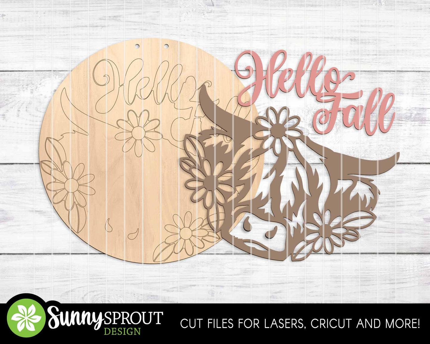 Hello Fall Highland Cow Wildflower Sign, Digital Download, SVG Laser Cut File, Cricut, Round Fall Farm Door Hanger Design