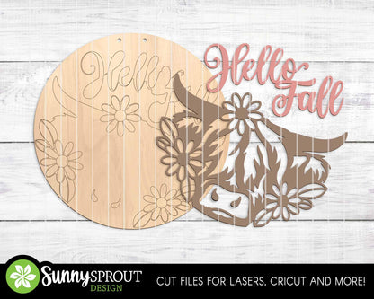 Hello Fall Highland Cow Wildflower Sign, Digital Download, SVG Laser Cut File, Cricut, Round Fall Farm Door Hanger Design