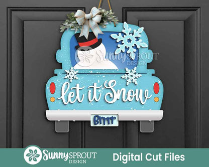 Let It Snow Truck Snowman Sign, Door hanger SVG, Glowforge laser file, Vintage old truck SVG, Winter welcome sign SVG