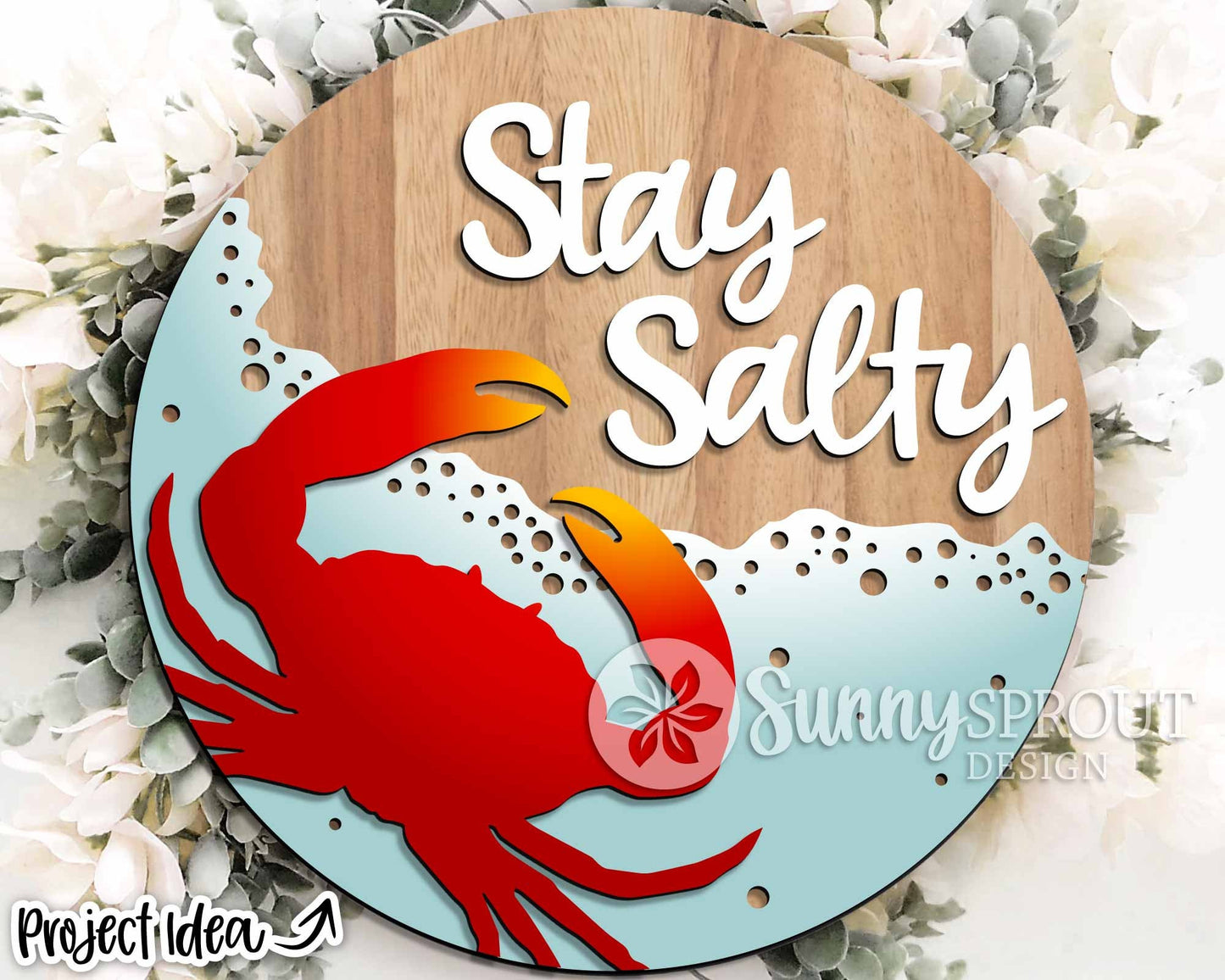 Stay Salty Crab Ocean Sign, Digital download, SVG Laser cut file, Cricut, Round door hanger wall art design, Beach coastal decor