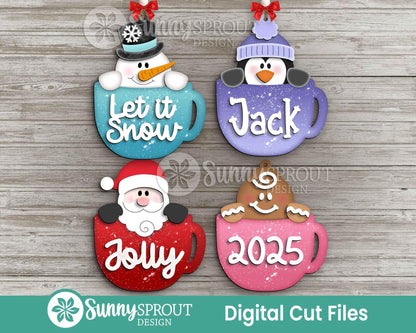 Peeking Cocoa Mug Ornament Bundle, Digital download, SVG laser cut file, Cricut, North Pole Christmas design