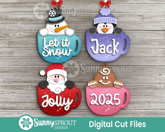 Peeking Cocoa Mug Ornament Bundle, Digital download, SVG laser cut file, Cricut, North Pole Christmas design