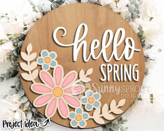 Hello Spring Floral Sign, Digital download, SVG Laser cut file, Cricut, Round door hanger design