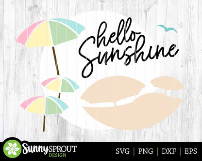 Hello Sunshine Beach Umbrella Sign, Digital download, SVG Laser cut file, Cricut, Round door hanger wall art design, Ocean coastal decor