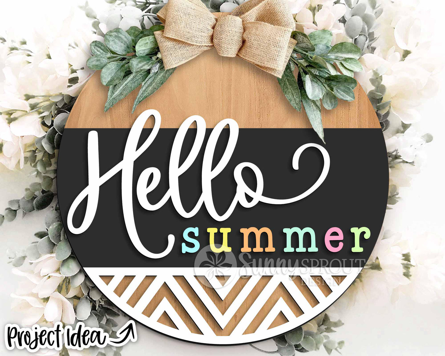 Hello Summer Geometric Sign, Digital Download, SVG Laser Cut File, Cricut, Modern Round Door Hanger Design
