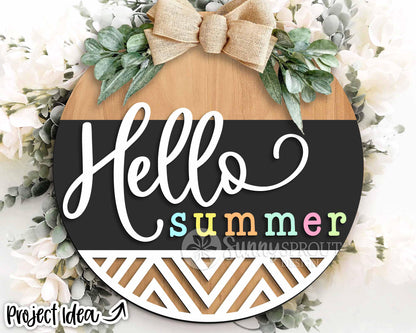 Hello Summer Geometric Sign, Digital Download, SVG Laser Cut File, Cricut, Modern Round Door Hanger Design