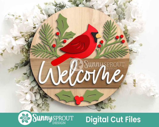 Welcome Cardinal Pine & Holly Sign, Digital Download, SVG Laser Cut File, Cricut, Round Door Hanger Design, Winter Christmas Decor