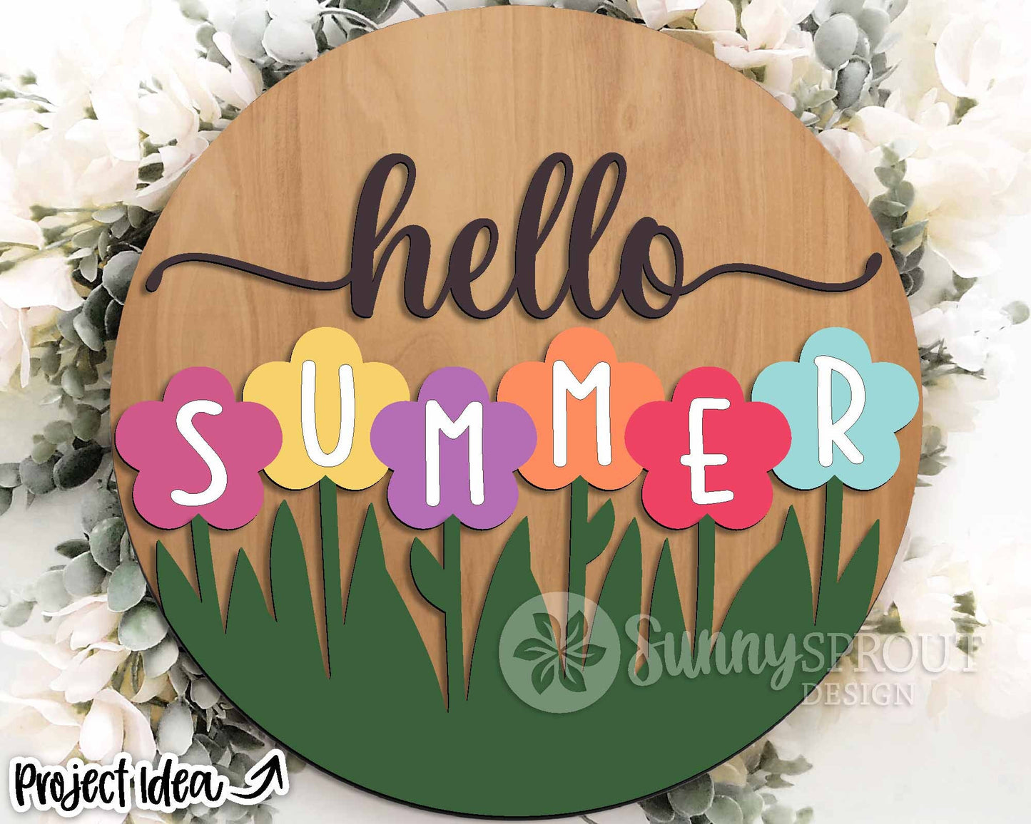 Hello Summer Flower Sign, Digital Download, SVG Laser Cut File, Cricut, Round Door Hanger Design