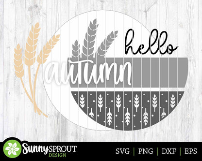 Hello Autumn Wheat Grass Sign, Digital Download, SVG Laser Cut File, Cricut, Round Fall Door Hanger Design