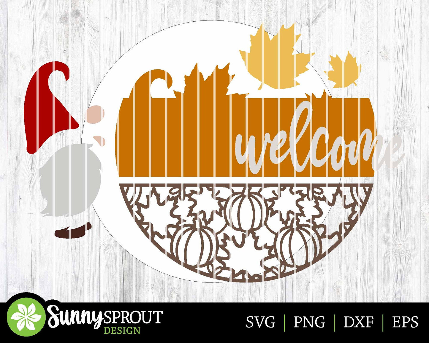 Welcome Fall Leaf Pattern Gnome Sign, Digital Download, SVG Laser Cut File, Cricut, Round Pumpkin Door Hanger Design