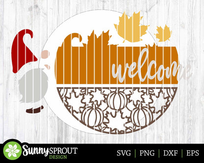 Welcome Fall Leaf Pattern Gnome Sign, Digital Download, SVG Laser Cut File, Cricut, Round Pumpkin Door Hanger Design