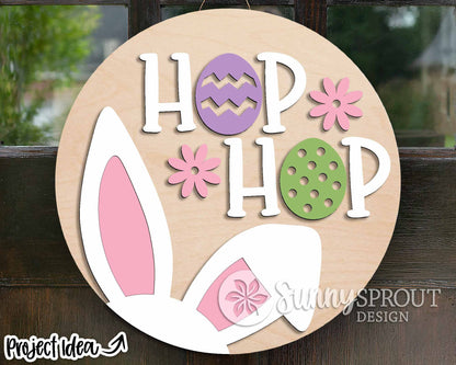 Hop Hop Bunny Ear Easter Egg Sign, Digital download, SVG laser cut file, Cricut, Round door hanger design