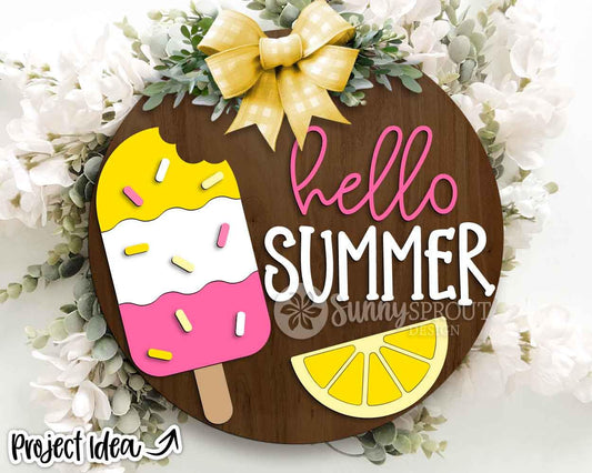 Hello Summer Lemon Popsicle Sign, Digital Download, SVG Laser Cut File, Cricut, Round Welcome Door Hanger Design